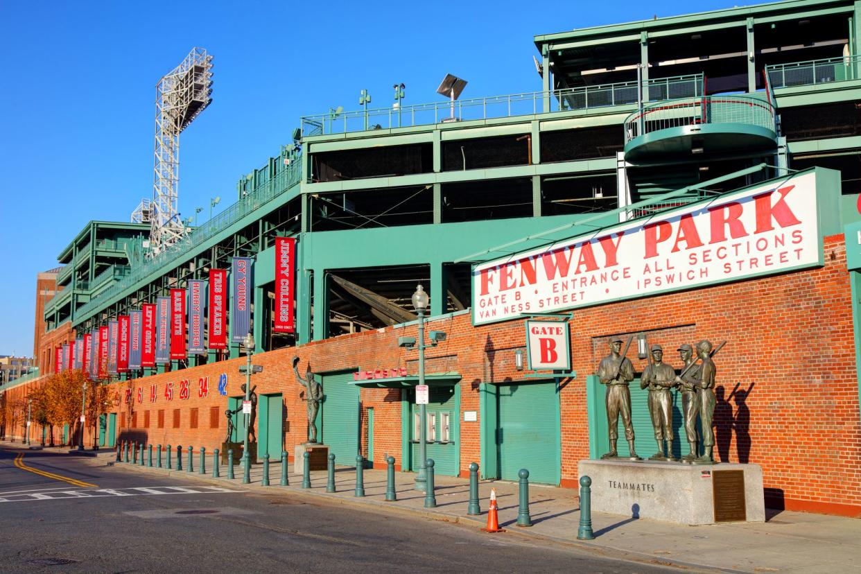 Daytime view of Van Ness Street and Ipswich Street entrances to Fenway Park, Boston, Massachusetts, home of the Boston Red Sox