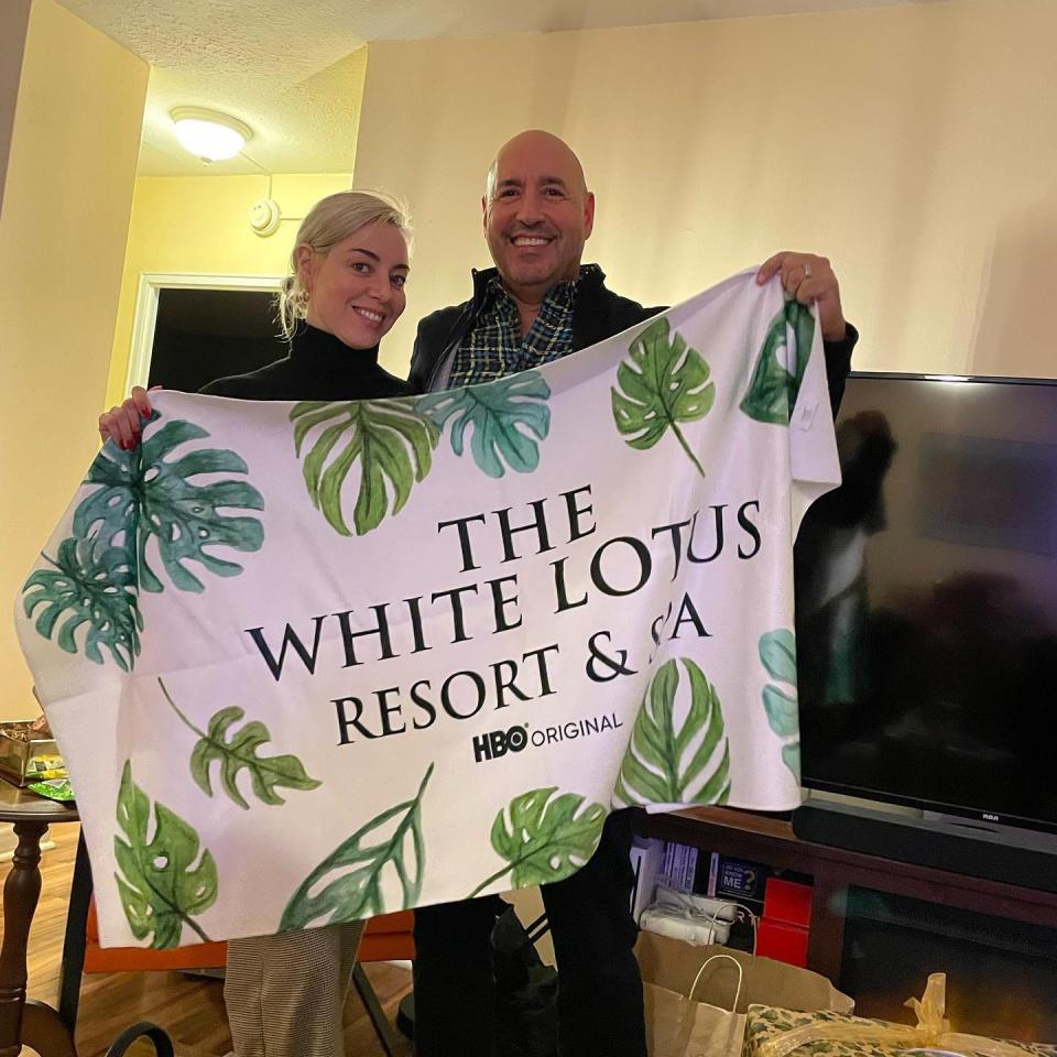 Aubrey Plaza poses with her father David around Christmastime after giving him a towel from HBO's "The White Lotus," which earned her first Golden Globe nomination.