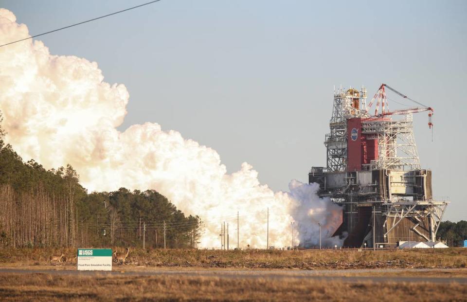 The green test firing of four RS-25 rocket engines at NASA Stennis Space Center in Hancock was in January 2021. The testing is now halfway done as part of the Artemis Program aims to send astronauts back to the moon and beyond.​ Alyssa Newton/Sun Herald file