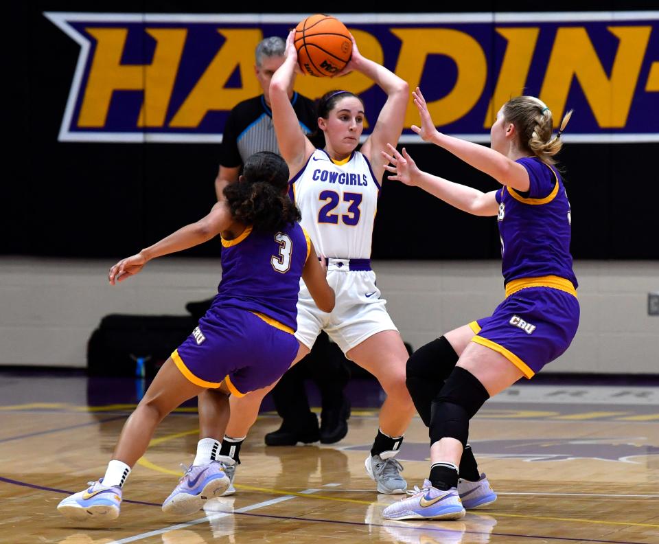 Hardin-Simmons' guard Samantha Tatum looks for a player to pass the ball to during the Cowgirls' home game against Mary Hardin-Baylor  on Saturday. HSU won its 20th straight game and finished conference play unbeaten with the 84-67 win.