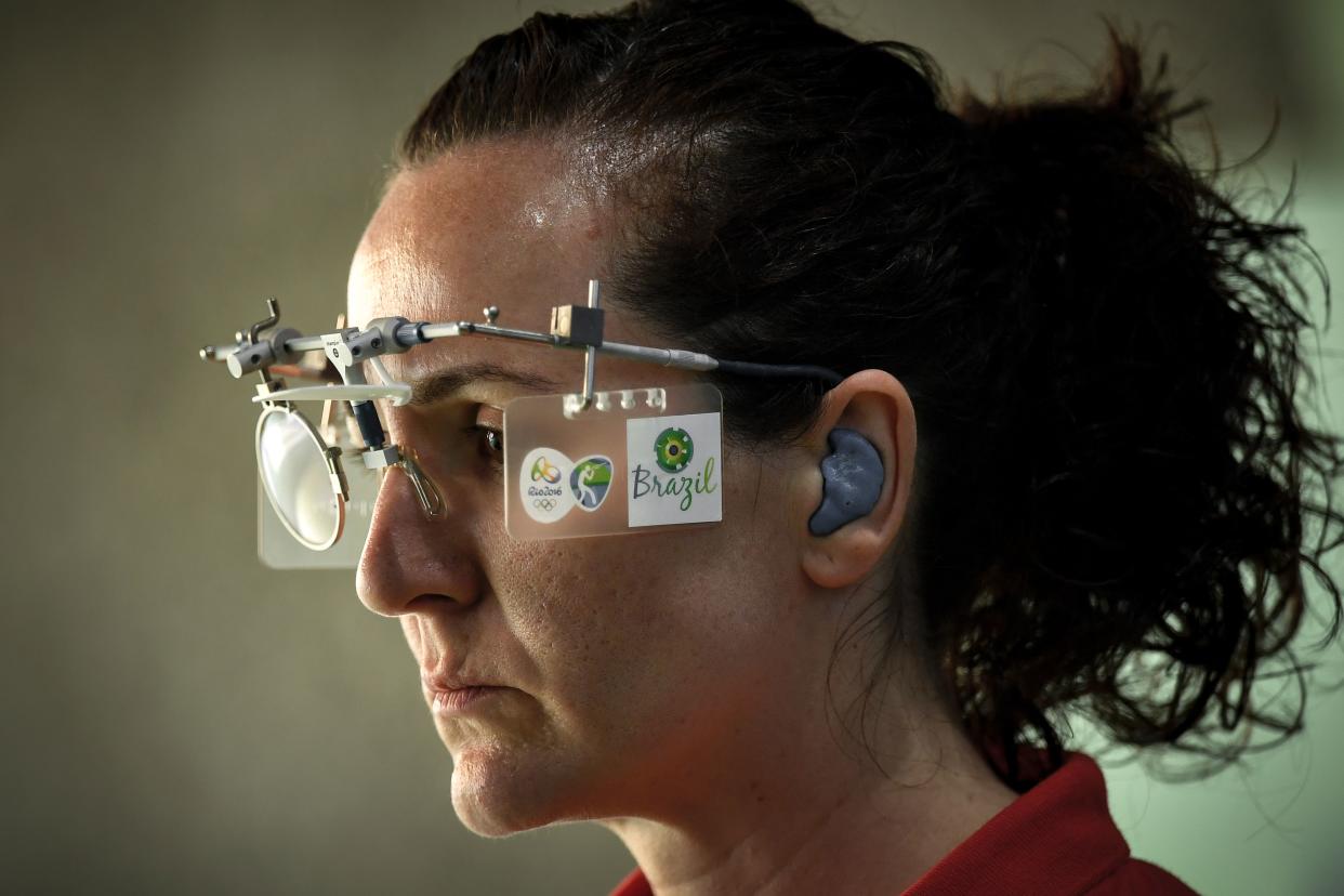 Spain's Sonia Franquet looks on as she competes during the 25m pistol women shooting event at the Rio 2016 Olympic Games at the Olympic Shooting Centre in Rio de Janeiro on August 9, 2016. / AFP / PHILIPPE LOPEZ        (Photo credit should read PHILIPPE LOPEZ/AFP via Getty Images)