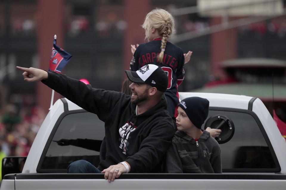 ST. LOUIS, MO - OCTOBER 30: Chris Carpenter of the St. Louis Cardinals participates in a parade celebrating the team's 11th World Series championship October 30, 2011 in St. Louis, Missouri. (Photo by Whitney Curtis/Getty Images)