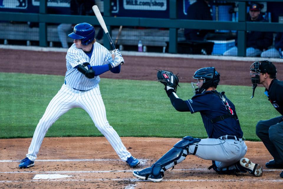 Iowa Cubs' Owen Caissie bats during a game against the Toledo Mud Hens at Principal Park on Tuesday, April 2, 2024, in Des Moines.
