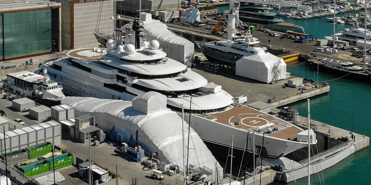 A view shows the multi-million-dollar mega yacht Scheherazade, docked at the Tuscan port of Marina di Carrara, Tuscany, on March 22