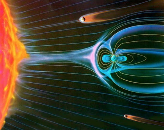 An artist's impression of the magnetic fields of Venus, Earth and Mars interacting with charged particles streaming from the sun. Earth's magnetic field protects it from these atmosphere-stripping particles.