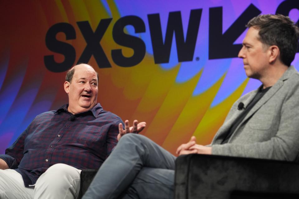 Brian Baumgartner and Ed Helms talk about making the move from television to podcasting during their featured session, "More Than a Joke: The Road from Sitcom Success to iHeartPodcasts Powerhouse" during South by Southwest on Saturday at the Convention Center in Austin.