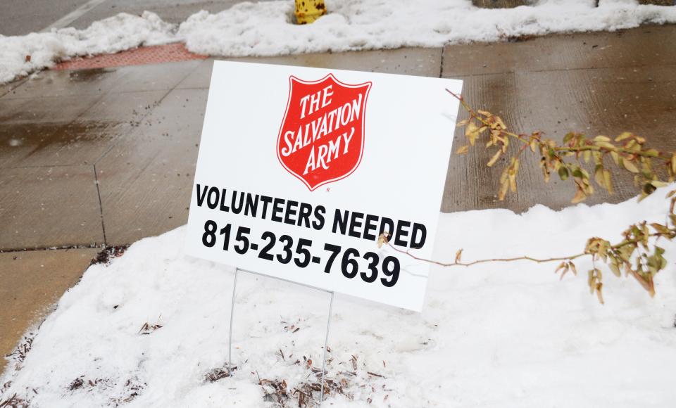 A sign seeking Salvation Army volunteers, seen Jan. 14, 2022, sits at the corner of West Exchange Street and North Van Buren Avenue, downtown Freeport.