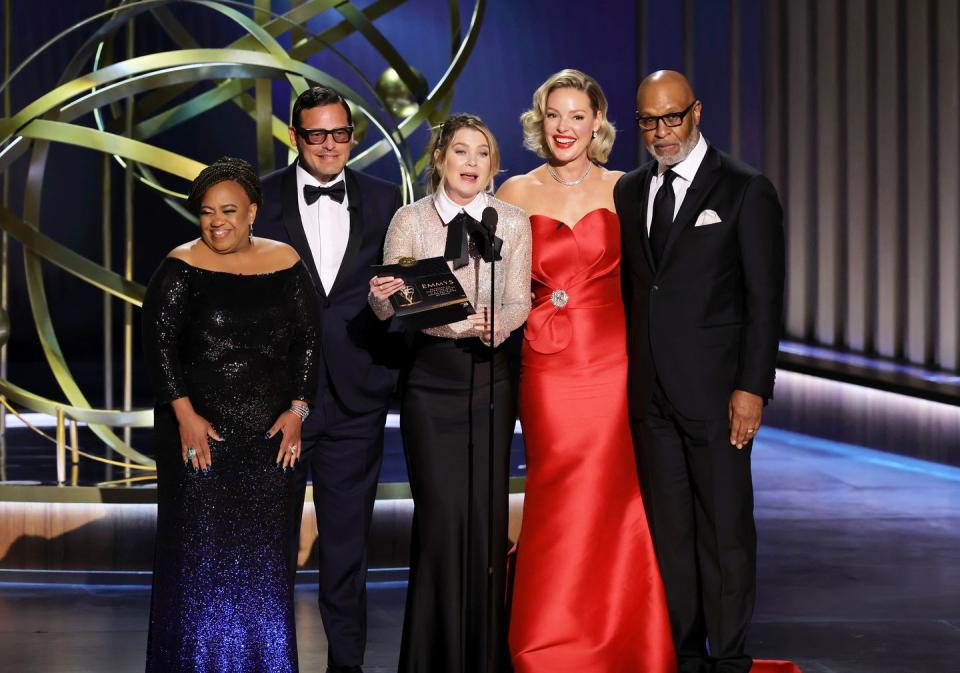 chandra wilson, justin chambers, ellen pompeo, katherine heigl and james pickens onstage at the emmy awards 2024