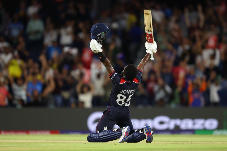 Aaron Jones of USA celebrates winning the ICC Men's T20 Cricket World Cup West Indies & USA 2024 match between USA and Canada at Grand Prairie Cricket Stadium on June 01, 2024 in Dallas, Texas.