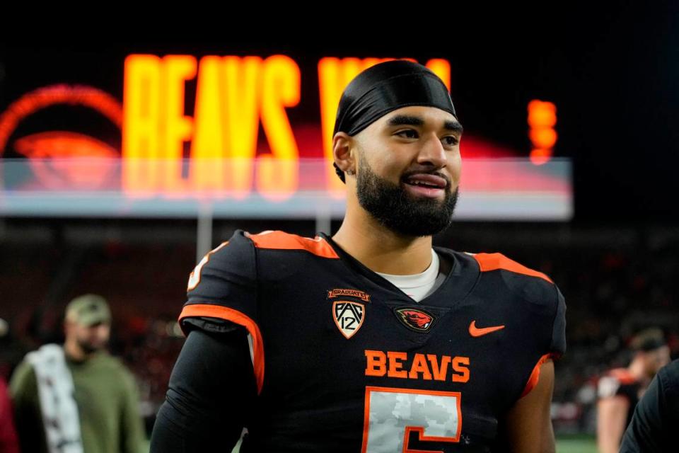 Nov 11, 2023; Corvallis, Oregon, USA; Oregon State Beavers quarterback DJ Uiagalelei (5) leaves the field after the game against the Stanford Cardinal at Reser Stadium. Mandatory Credit: Soobum Im-USA TODAY Sports