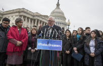 <p>House Minority Whip Steny Hoyer, center, joined by Rep. Brenda Lawrence, second from left, and Hispanic Caucus Chair Rep. Michelle Lujan Grisham gives his support to “dreamers,” people brought to the U.S. illegally as children, and supporters of the Deferred Action for Childhood Arrivals program, at the Capitol in Washington, Jan. 10, 2018. (Photo: J. Scott Applewhite/AP) </p>