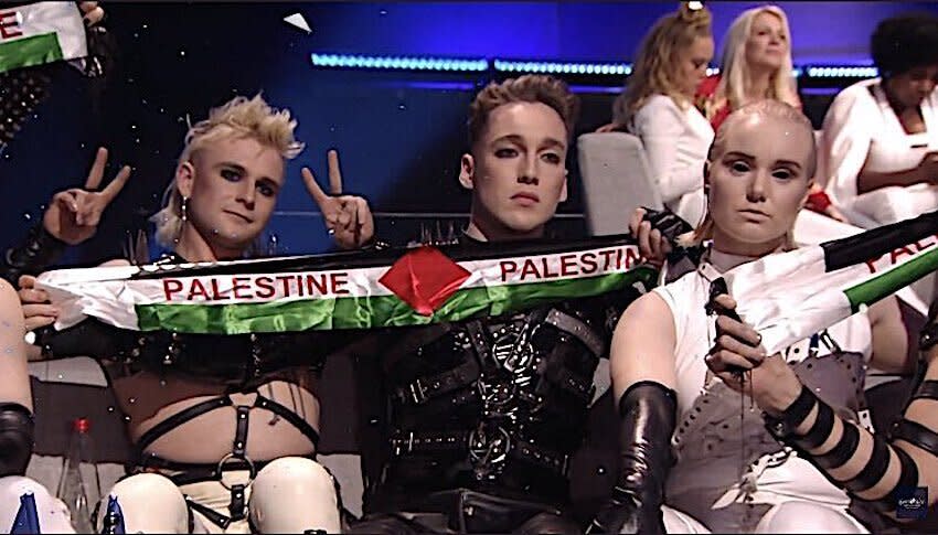 Iceland's Hatari hold up Palenstine banner on camera at the 2019 Eurovision Song Contest, held in Tel Aviv, Israel. (Photo: Twitter)