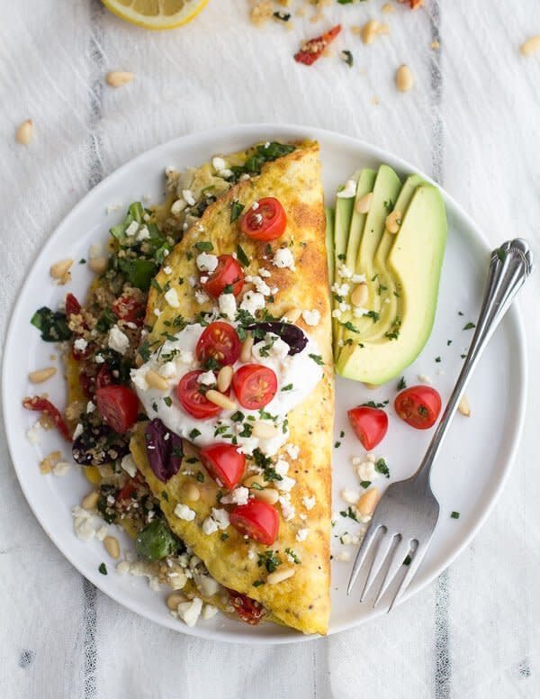 <strong>Get the <a href="https://www.halfbakedharvest.com/mad-greek-quinoa-dinner-omelets-feta-tzatziki/?highlight=eggs" target="_blank">Simple Greek Quinoa Dinner Omelets with Feta and Tzatziki</a> recipe from Half Baked Harvest</strong>