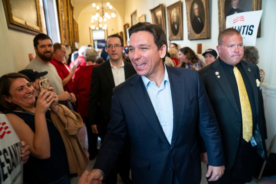 Republican presidential candidate Ron DeSantis greets supporters in Concord, N.H., on Oct. 12, 2023.