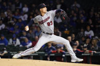 Minnesota Twins starting pitcher Griffin Jax delivers during the first inning of a baseball game against the Chicago Cubs Tuesday, Sept. 21, 2021, in Chicago. (AP Photo/Charles Rex Arbogast)