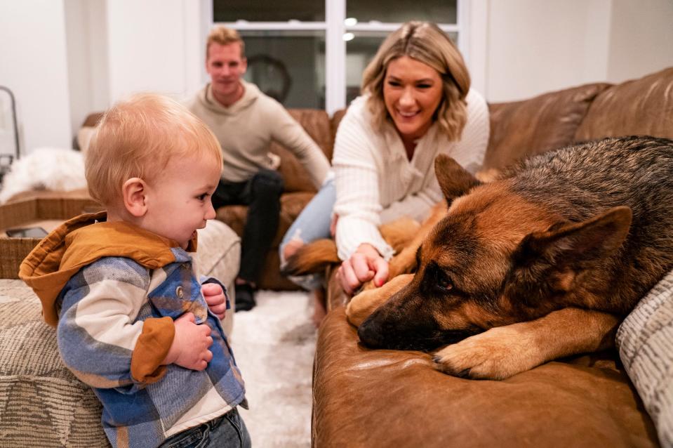 Recently retired NHL player Zach Trotman, and Jeanna Trotman, the new weekend sports anchor and reporter at WXYZ in Detroit, play with their 11-month-old son Luca Tuesday, Nov. 16, 2021 at their Berkley home as their German Shepard Murphy looks on.