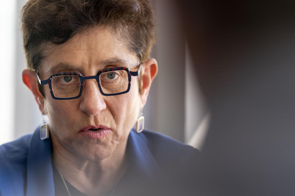 Gigi Sohn, who withdrew her long delayed nomination by the Biden administration for the Federal Communications Commission, speaks during an interview with the Associated Press at Georgetown University Law Center, Tuesday, April 4, 2023, in Washington. (AP Photo/Andrew Harnik)