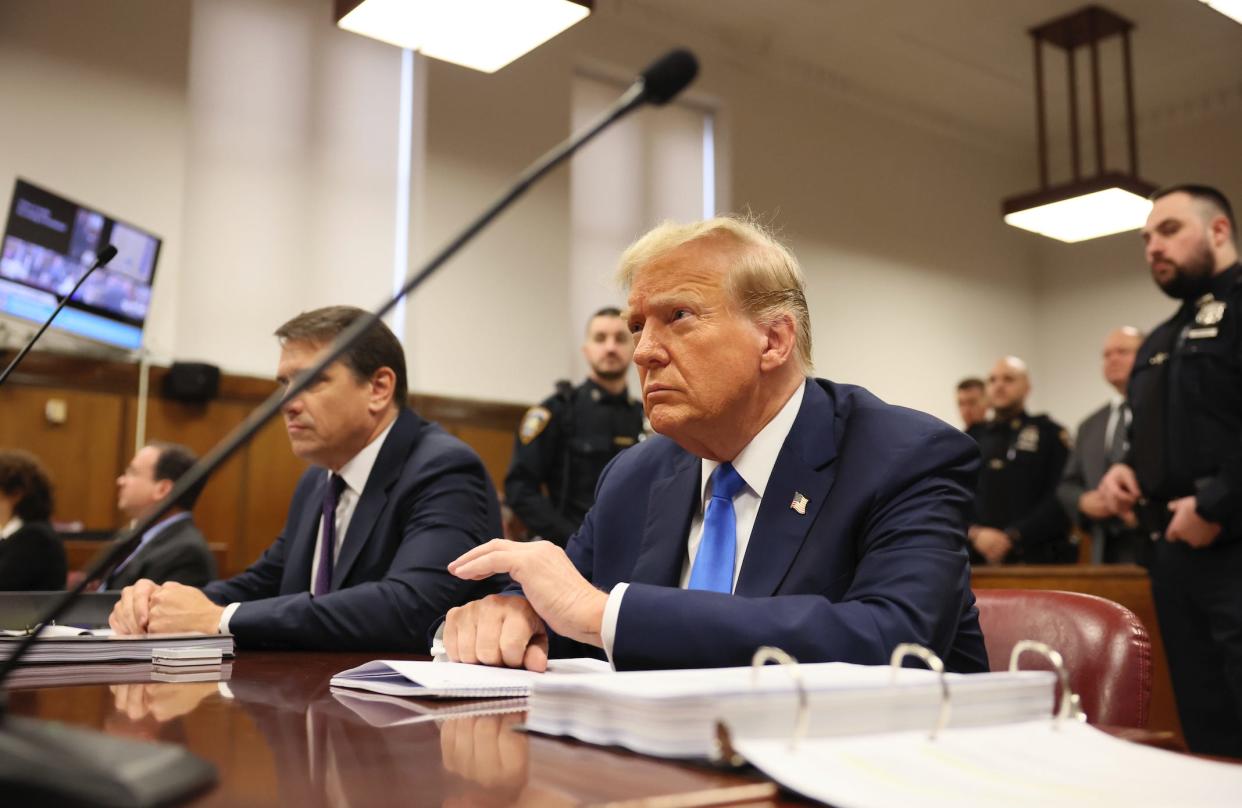 Former President Donald Trump appears at Manhattan criminal court during jury selection in his hush-money trial on April 18, 2024.