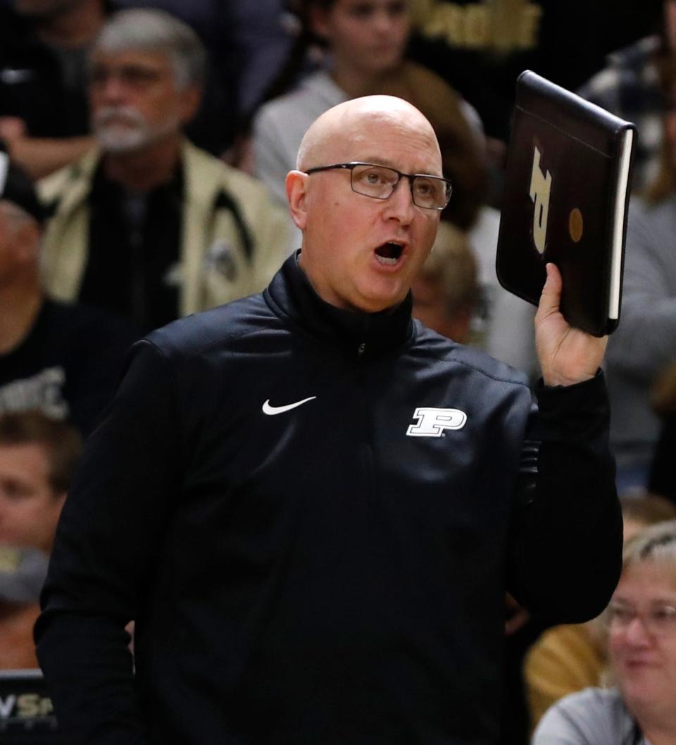 Purdue Boilermakers head coach Dave Shondell yells down court during the NCAA volleyball match against the Nebraska Cornhuskers, Wednesday, Oct. 19, 2022, at Holloway Gymnasium in West Lafayette, Ind. Nebraska won 3-0.