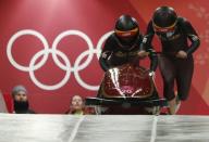 Bobsleigh - Pyeongchang 2018 Winter Olympics - Women's Competition - Olympic Sliding Centre - Pyeongchang, South Korea - February 20, 2018 - An Vannieuwenhuyse and Sophie Vercruyssen of Belgium in action. REUTERS/Edgar Su