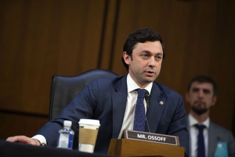 Sen. Jon Ossoff, D-Ga., speaks during a Senate Judiciary Committee hearing in 2022. If the committee votes are tied, Senate Majority Leader Chuck Schumer, D-N.Y., will file a motion to bring the nomination to the Senate floor. File Photo by Bonnie Cash/UPI