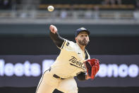 Minnesota Twins pitcher Pablo Lopez throws against the Seattle Mariners during the first inning of a baseball game, Thursday, May 9, 2024, in Minneapolis. (AP Photo/Craig Lassig)