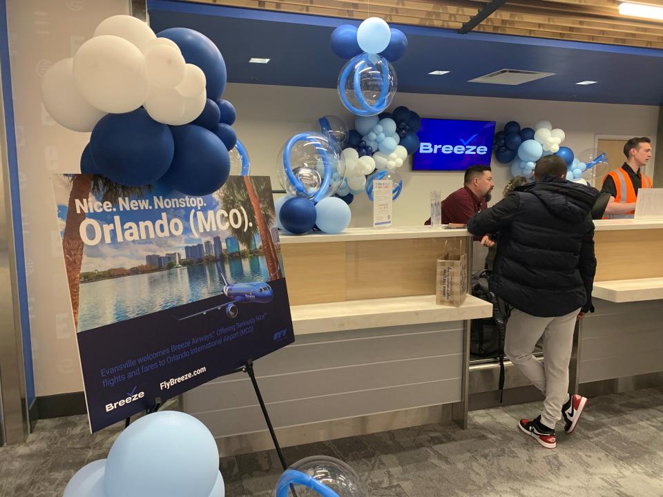 The Breeze Airways counter, announcing service to Orlando International Airport, is shown at Evansville Regional Airport in Indiana Monday March 4, 2024.