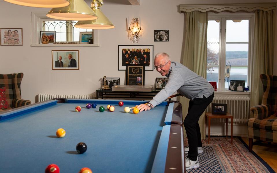 Sven-Goran Eriksson playing pool at home in Sweden after being interviewed by Telegraph Sport