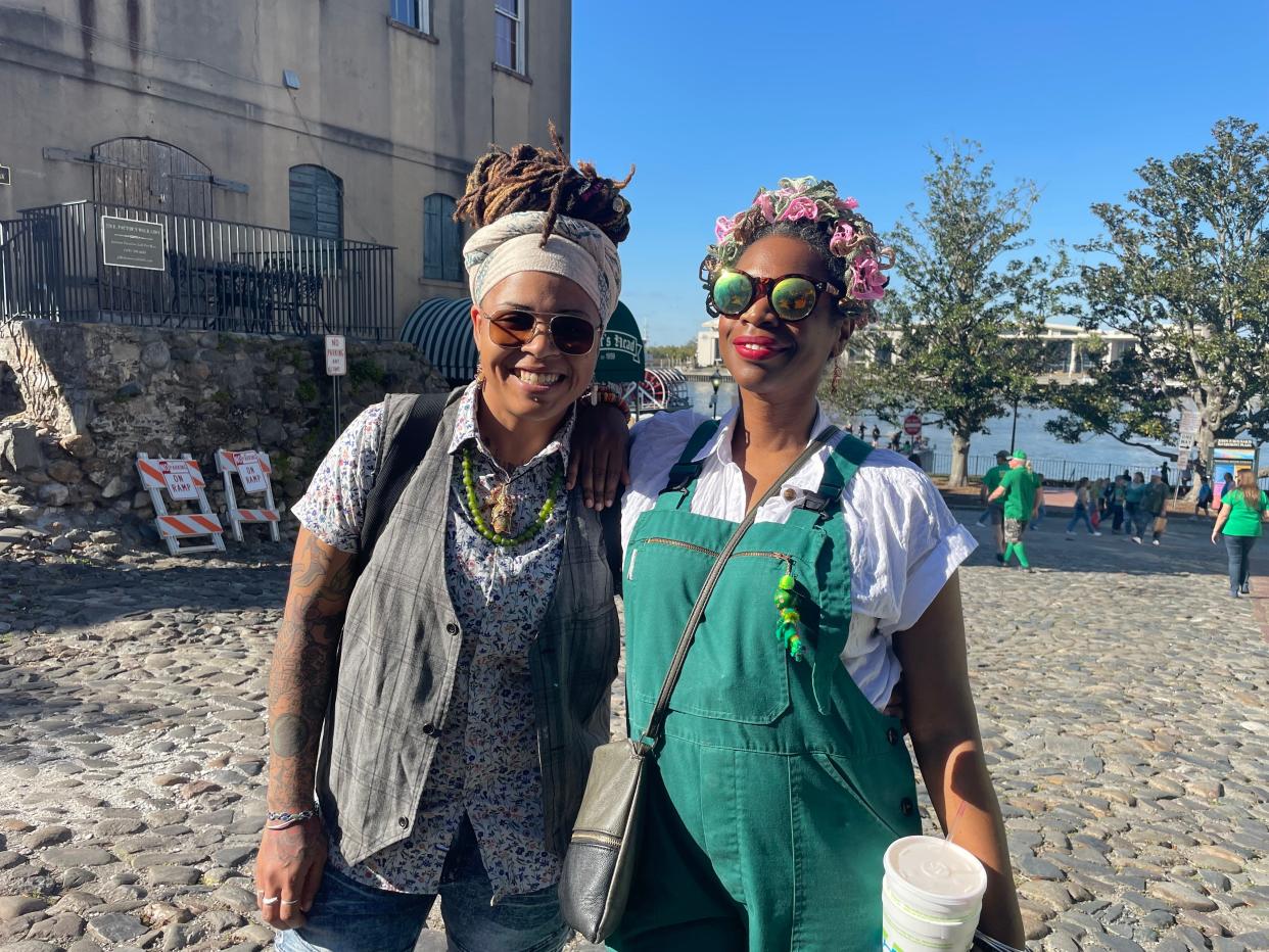 Rafaela Johnson (left) and Ayesha Sinclair celebrating St. Patrick's Day on River Street.