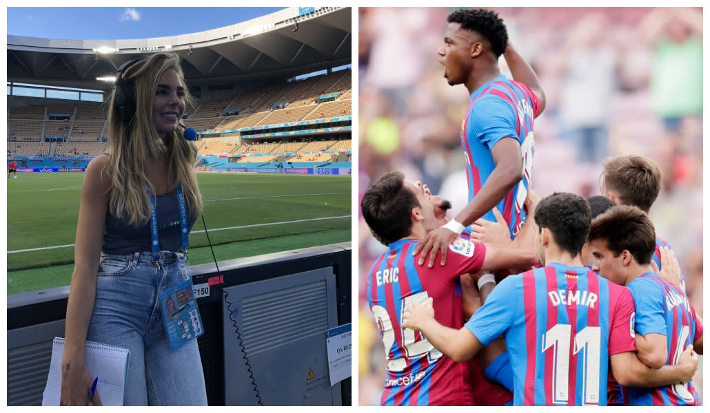 Helena Condis con la voz entrecortada de la emoción por ver a Ansu Fati marcar en su regreso. (Fuentes: Twitter/@HelenaCondis y David S. Bustamante/Soccrates/Getty Images)