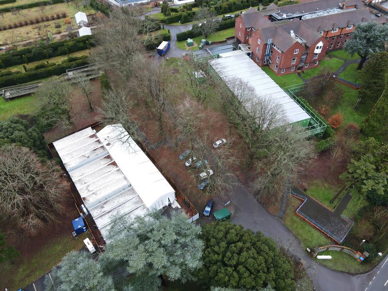 A temporary mortuary is seen in the grounds of a former RAF rehabilitation hospital at Headley Court in Epsom