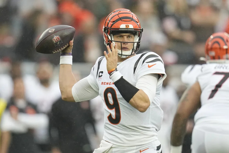 Cincinnati Bengals quarterback Joe Burrow (9) throws during an NFL football game against the Cleveland Browns, Sunday, Sept. 10, 2023, in Cleveland. (AP Photo/Sue Ogrocki)