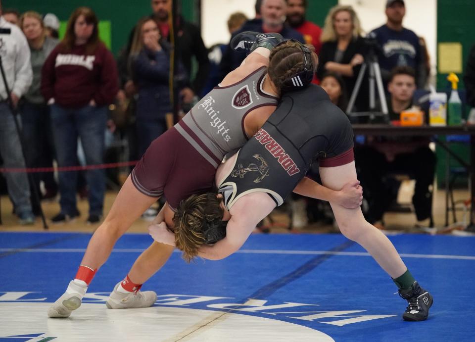 Arlington's Aislin Kellner wrestles in the 100-pound match during day 2 of the 2023 Eastern States Classic wrestling tournament at SUNY Sullivan in Loch Sheldrake on Saturday, January 14, 2023.