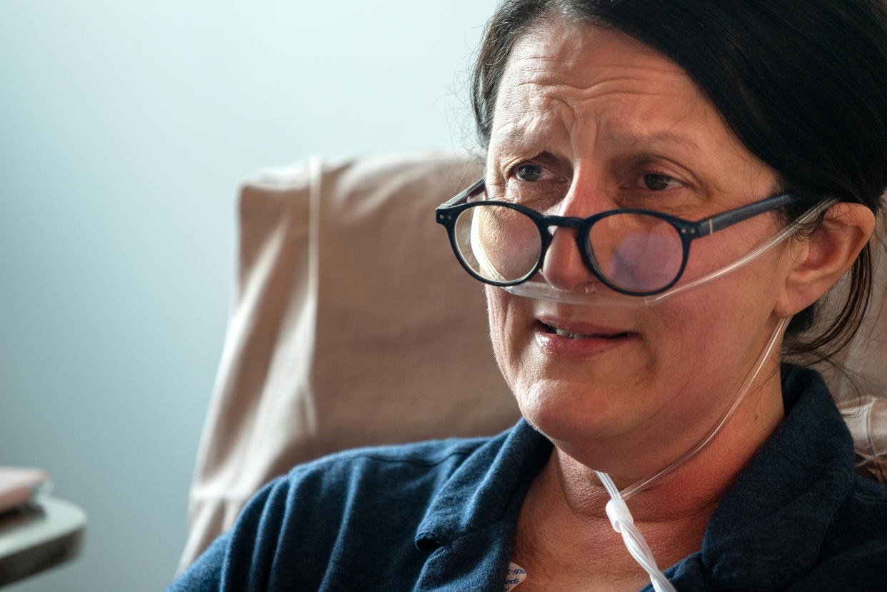 Mary Lubrano, a nurse from Chalmette, Louisiana, is treated for COVID-19 at the Ochsner Medical Center in Jefferson Parish, Louisiana, August 10, 2021. REUTERS/Kathleen Flynn