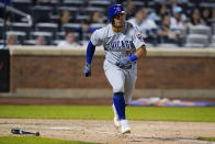 Chicago Cubs' Rafael Ortega watches his two-run home run during the ninth inning of the team's baseball game against the New York Mets on Wednesday, June 16, 2021, in New York. (AP Photo/Frank Franklin II)