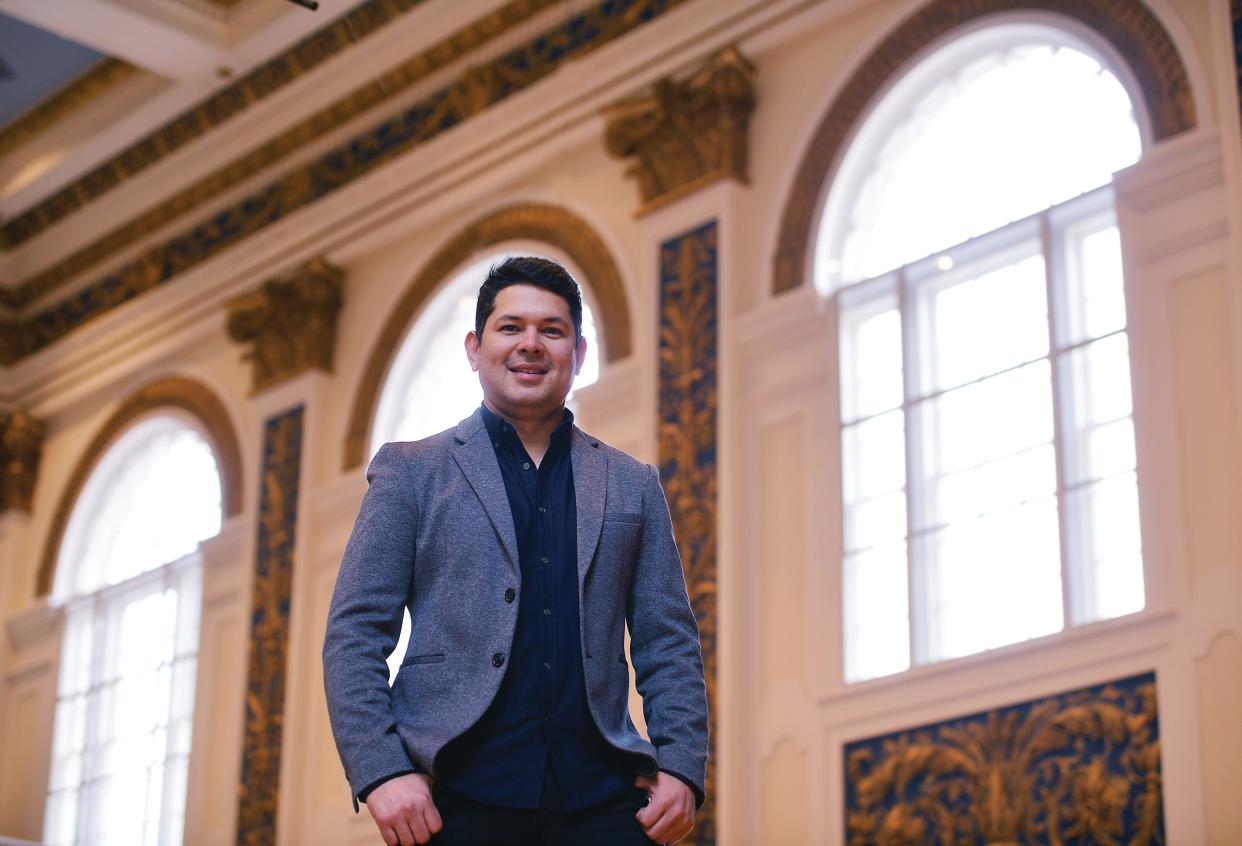 Jorge Soto, the Massachusetts Symphony Orchestra's principal guest conductor, at Worcester's Tuckerman Hall, the orchestra's home base.