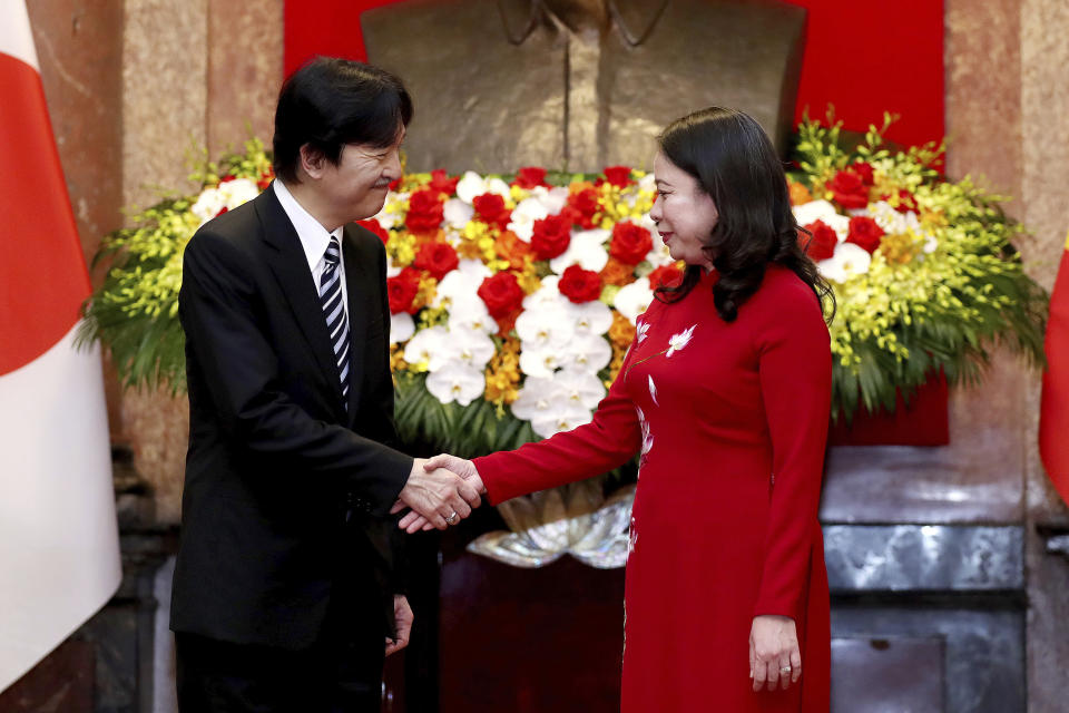 Japanese Crown Prince Akishino and Vietnam's Vice President Vo Thi Anh Xuan shake hands at the Presidential Palace in Hanoi, Vietnam Thursday, Sept. 21, 2023. (AP Photo/Minh Hoang)