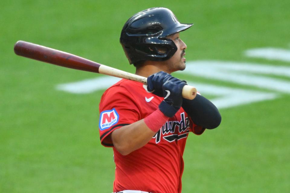 Aug 5, 2024; Cleveland, Ohio, USA; Cleveland Guardians left fielder Steven Kwan (38) hits a triple in the fifth inning against the Arizona Diamondbacks at Progressive Field. Mandatory Credit: David Richard-USA TODAY Sports