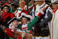 <p>Carnival revellers celebrate during “Weiberfastnacht” (Women’s Carnival) in Cologne, Germany on Feb. 23, 2017, marking the start of a week of street festivals with the highlight “Rosenmontag”, Rose Monday processions. (Photo: Wolfgang Rattay/Reuters) </p>