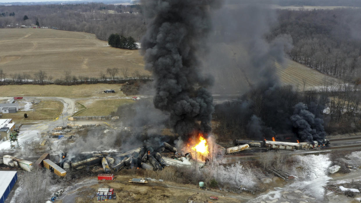 Portions of a Norfolk Southern freight train burns after a derailment in East Palestine, Ohio (Gene J. Puskar / AP file)