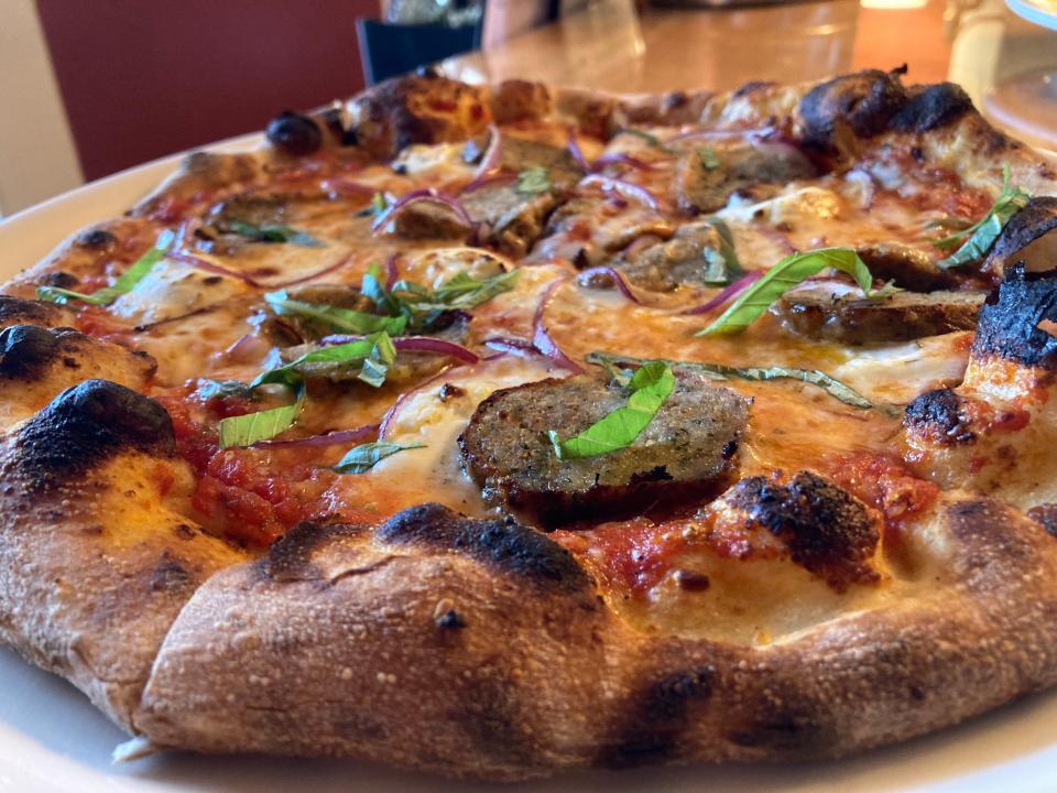 A Mikey Meatball pizza featuring mozzarella, house-made meatballs, ricotta, red onion and basil at Penzo Pizza in Montpelier on Oct. 17, 2023.