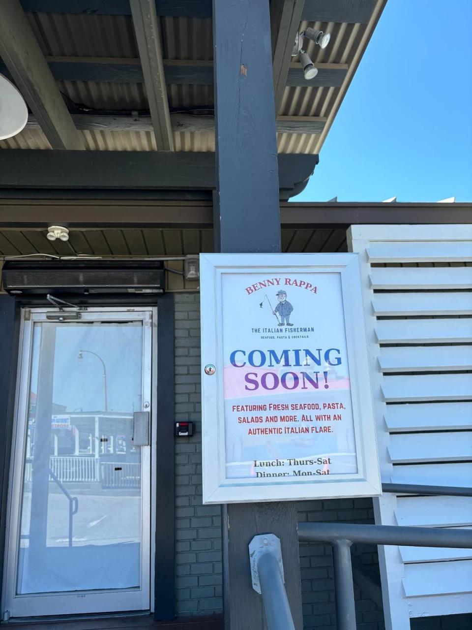 One of the signs informing customers that Benny Rappa the Italian Fisherman is going to be opening in the former Hurricane Colinz space.