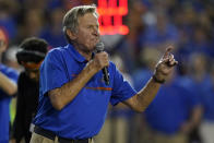 FILE - Former Florida head coach Steve Spurrier addresses fans to honor championship teams during the first half of an NCAA college football game against Tennessee, Saturday, Sept. 25, 2021, in Gainesville, Fla. When Florida coach Billy Napier started looking for someone to motivate his team before facing two-time defending national champion and top-ranked Georgia, he turned to the Head Ball Coach. (AP Photo/John Raoux, File)