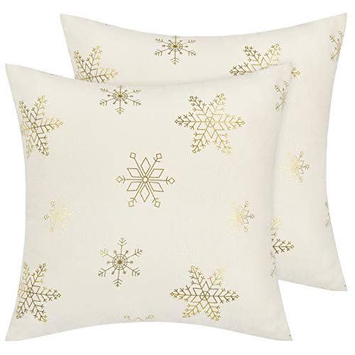 14) Fascidorm Christmas Snowflake Pillow Covers, Christmas Bronzing Throw Pillow Covers, Christmas Home Decoration Throw Pillowcase, 18 x 18 Inch, Beige
