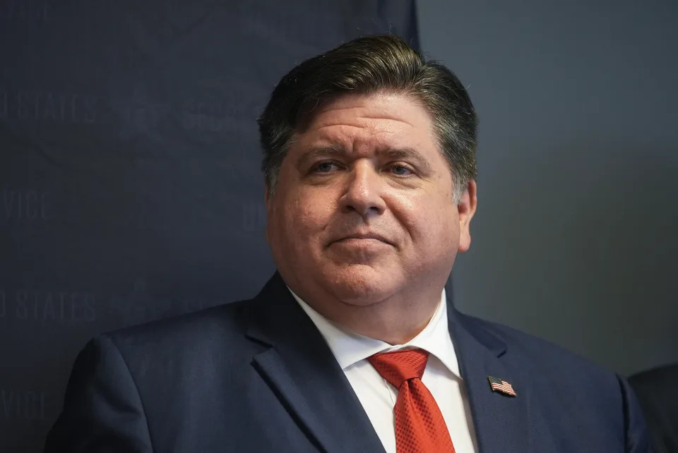 Illinois Gov. JB Pritzker stands with other officials during a security briefing at the U.S. Secret Service's Chicago Field Office Thursday, July 25, 2024, in Chicago. (AP Photo/Erin Hooley)