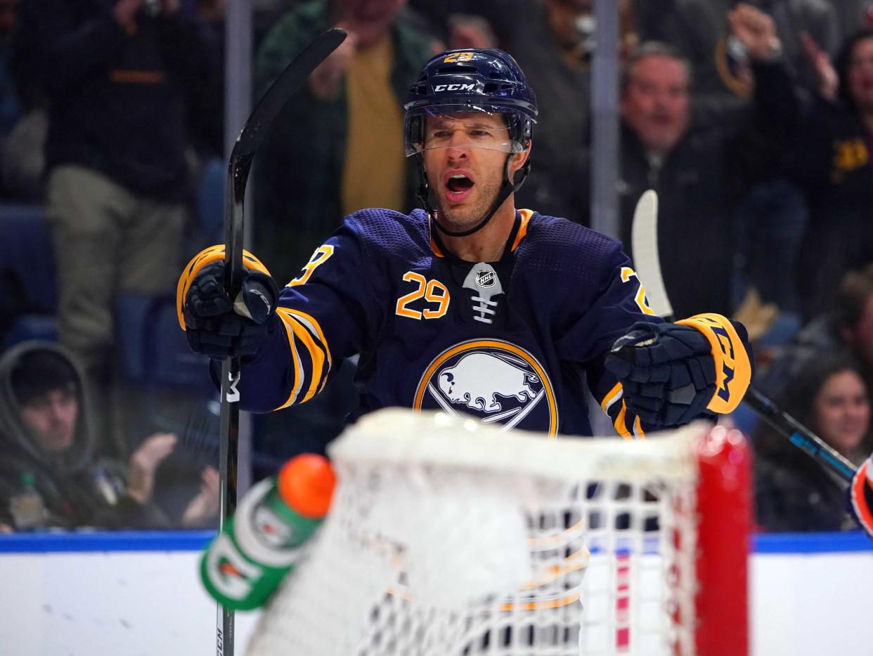 Feb 12, 2019; Buffalo, NY, USA; Buffalo Sabres right wing Jason Pominville (29) celebrates after scoring a goal on the New York Islanders during the second period at KeyBank Center. Mandatory Credit: Kevin Hoffman-USA TODAY Sports