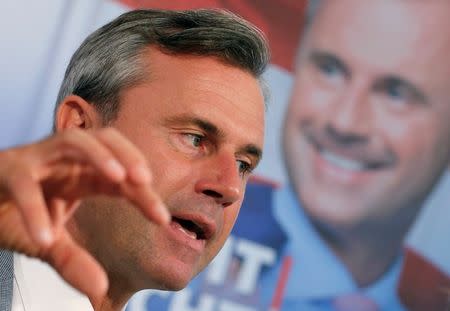 Austrian presidential candidate Norbert Hofer of the Freedom Party (FPOe) addresses a news conference ahead of a re-run of the run-off presidential election in Vienna, Austria August 29, 2016. REUTERS/Heinz-Peter Bader