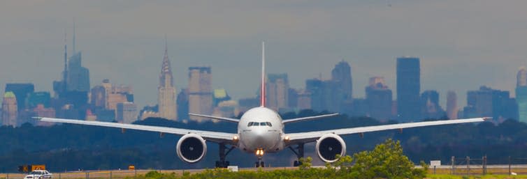 <span class="caption">Air travel has a massive environmental impact.</span> <span class="attribution"><a class="link " href="https://www.shutterstock.com/image-photo/new-york-january-2-boeing-777-93592174?src=7srsyLkqm00y_f19PdAk-w-1-42&studio=1" rel="nofollow noopener" target="_blank" data-ylk="slk:Eliyahu Yosef Parypa/Shutterstock.;elm:context_link;itc:0;sec:content-canvas">Eliyahu Yosef Parypa/Shutterstock.</a></span>