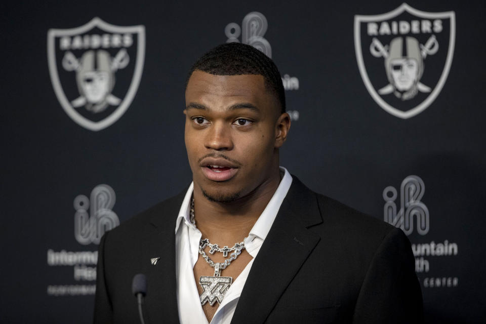 Las Vegas Raiders NFL football draft pick defensive end Tyree Wilson speaks at his introductory news conference Friday, April 28, 2023, in Las Vegas. (Heidi Fang/Las Vegas Review-Journal via AP)