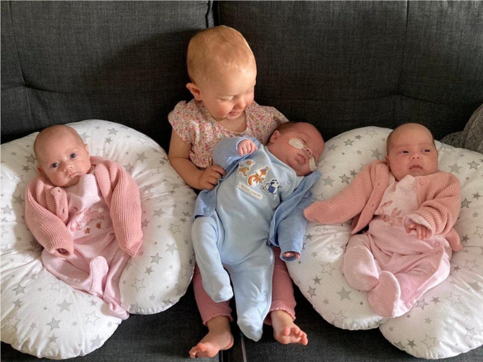 Jessica Pritchard gave birth to Mia and triplets Ella, George and Olivia within 11 months (SWNS)